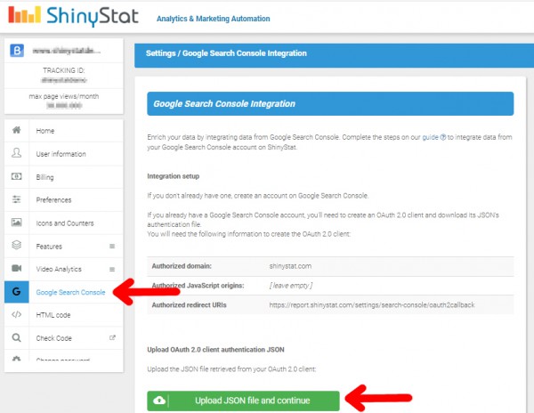 Search Console - ShinyStat Settings 2